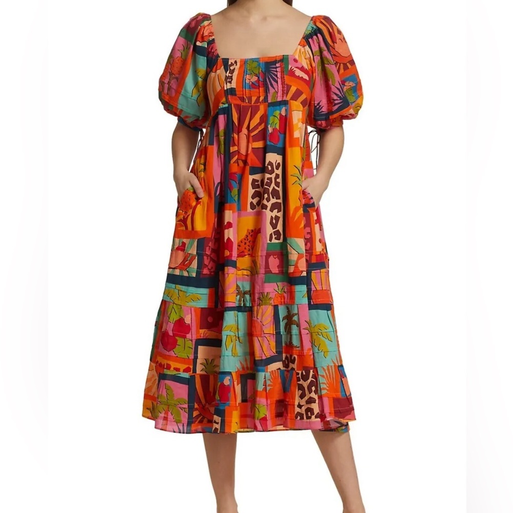 NWOT Farm Rio Tropical Collage Midi Dress Puff Sleeves // Size: M